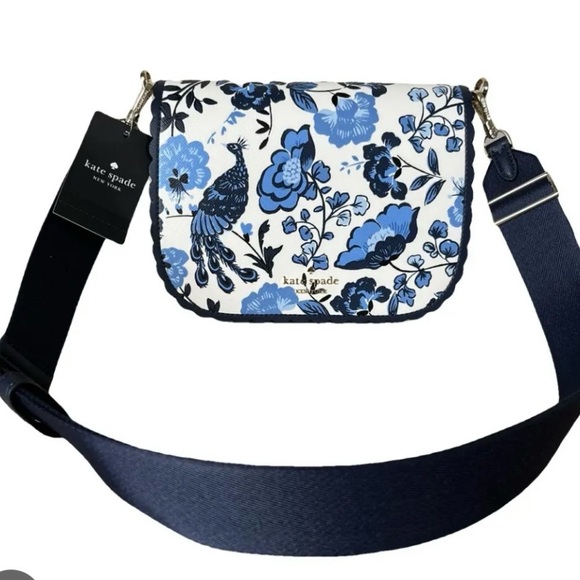 Kate Spade Madison Peacock Floral Printed Saddle in blue multi Saffiano Bag NWT - Picture 4 of 15